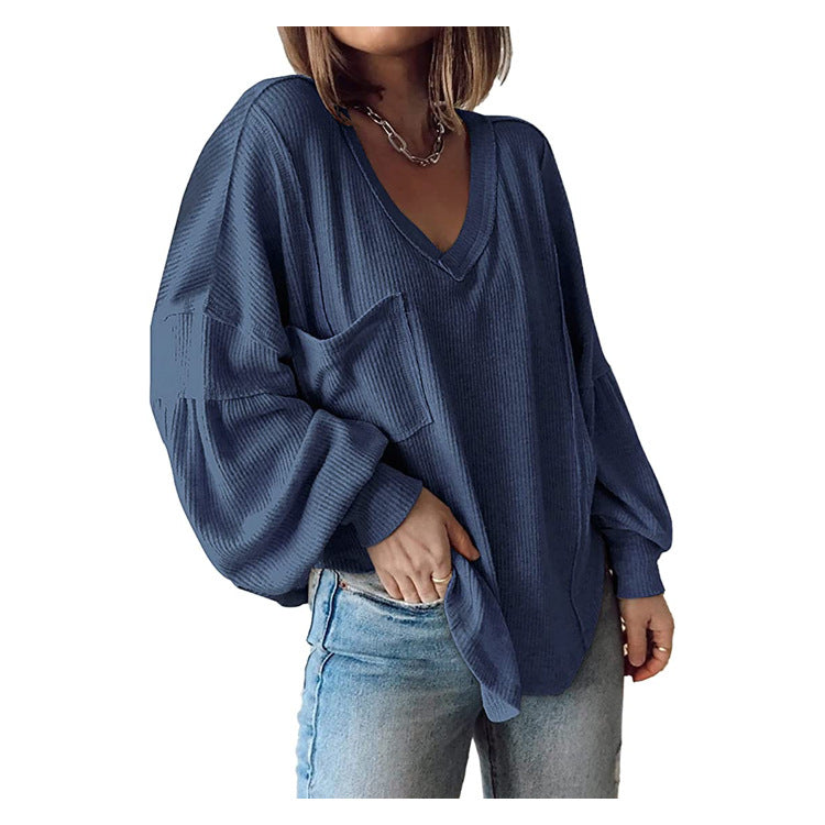 Casual V-neck Pocket Lantern Sleeve Loose Knitted Pullover Shirt Women - The Number 1 Things