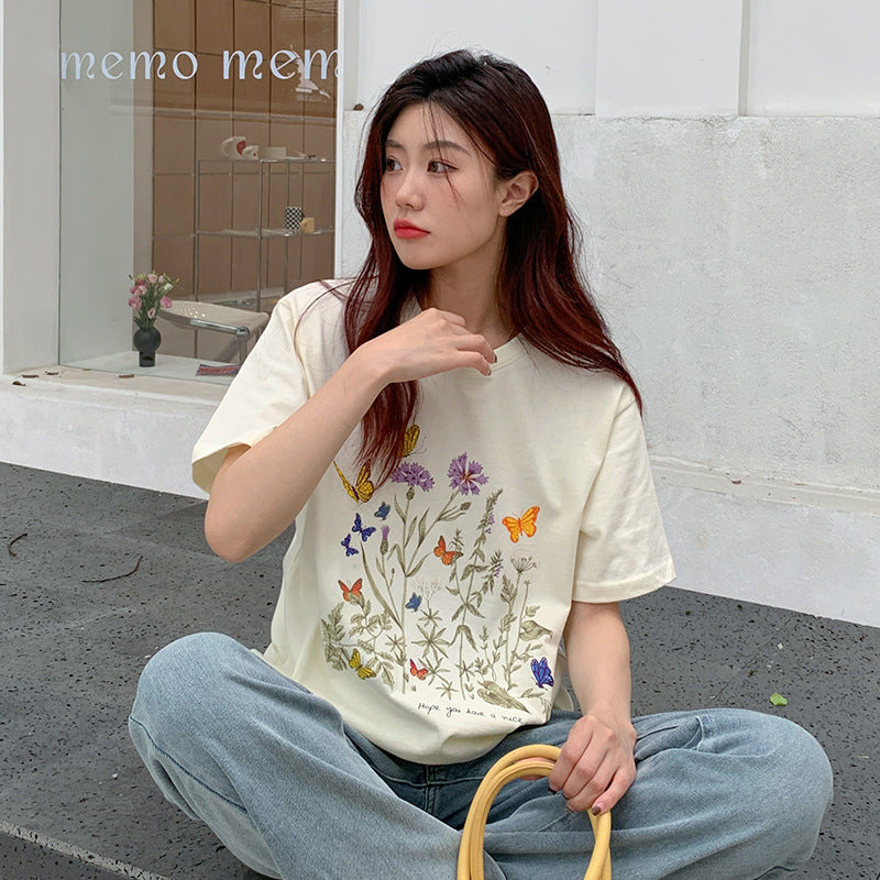 New Pure Cotton Heel Wrapped Collar Personality Flower Print Top - The Number 1 Things