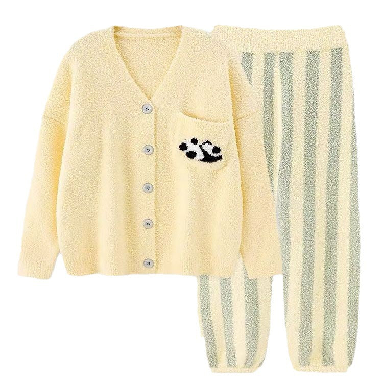 Thick Stripes Soft Panda Coral Fleece Home Wear Suit