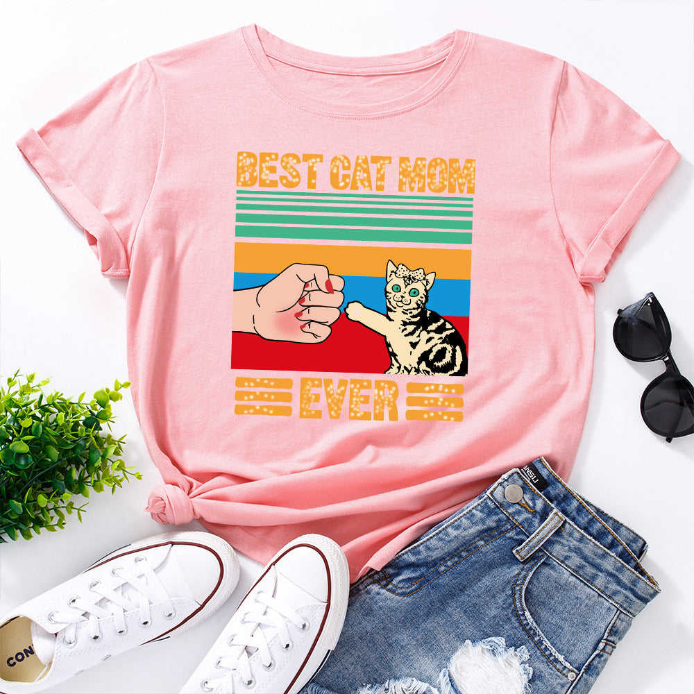 European And American Women's Clothing Creative Kitten Print Loose Round Neck Short Sleeve - The Number 1 Things