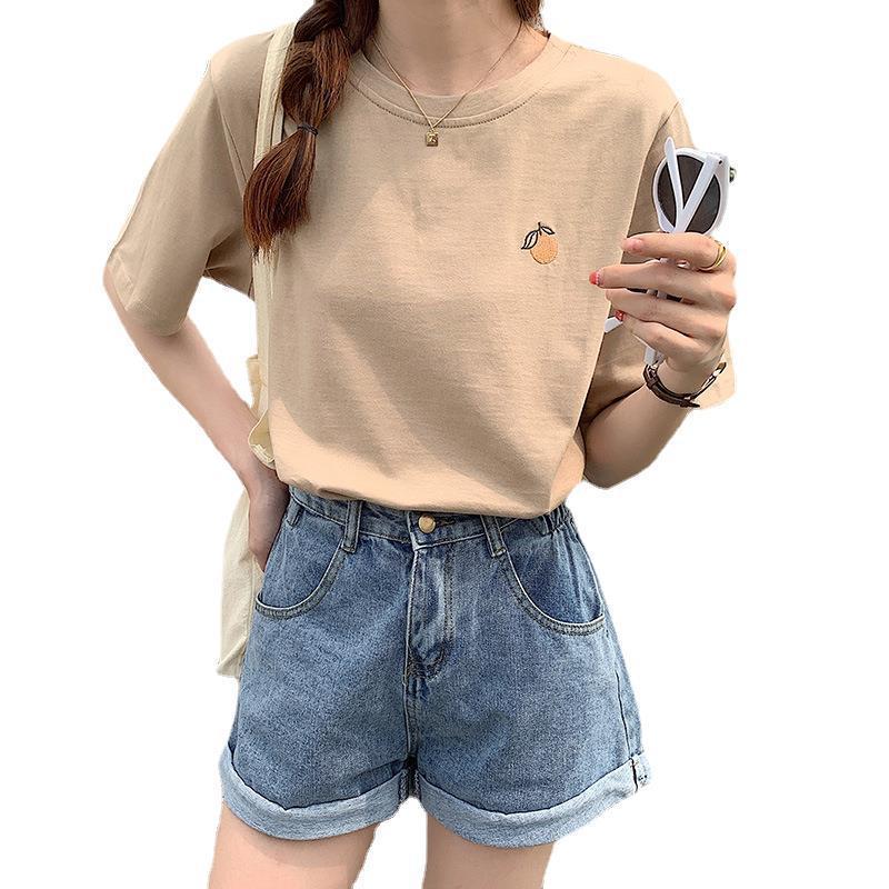 Women's Cotton Orange Embroidered Short-sleeved T-shirt New - The Number 1 Things