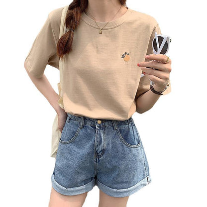 Women's Cotton Orange Embroidered Short-sleeved T-shirt New - The Number 1 Things