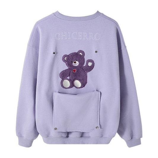 Turtleneck Long-sleeved Top Design Sense Of Flocking Letters On The Back Cute Bear Loose Round Neck Sweater