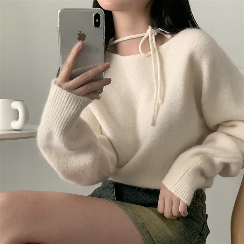 Simple Fashion Design Halter Tied Long Sleeves Sweater