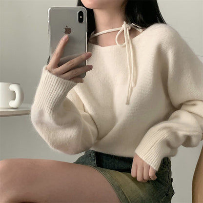 Simple Fashion Design Halter Tied Long Sleeves Sweater