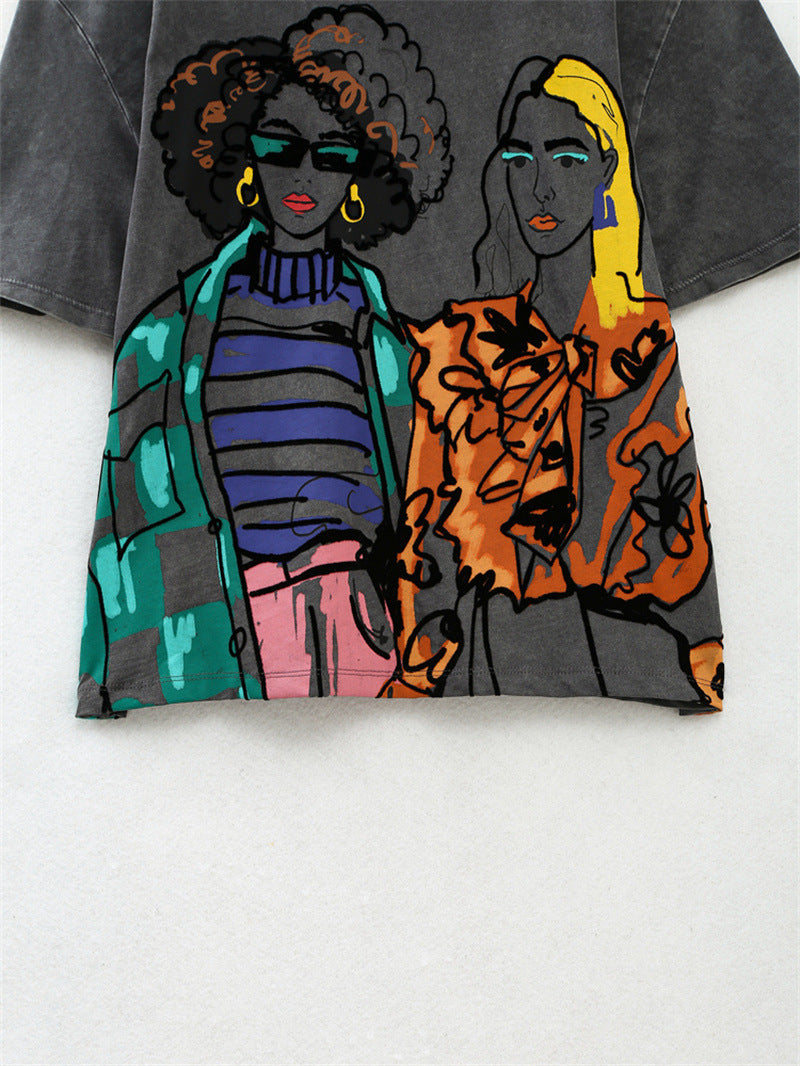 All-matching Fashion Girl Printed Pattern Round Neck Short Sleeve - The Number 1 Things