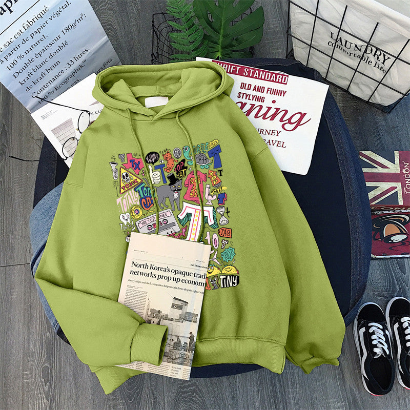 Women's Loose Cartoon Letter Hooded Plus Fleece Sweater - The Number 1 Things