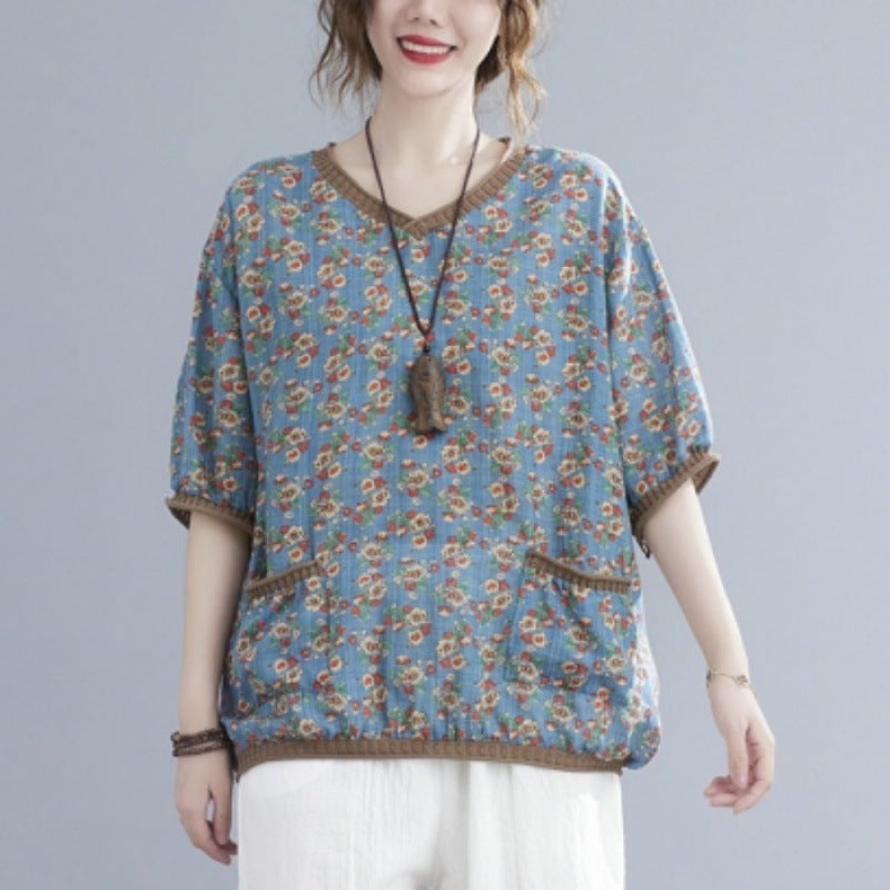 Women's Printed V-neck Short-sleeved Blouse - The Number 1 Things