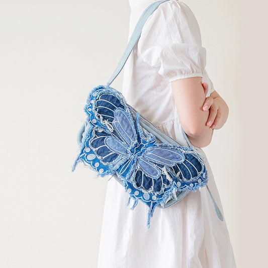 Original Design Butterfly Tassel Denim Wide Shoulder Strap Crossbody Bag - The Number 1 Things