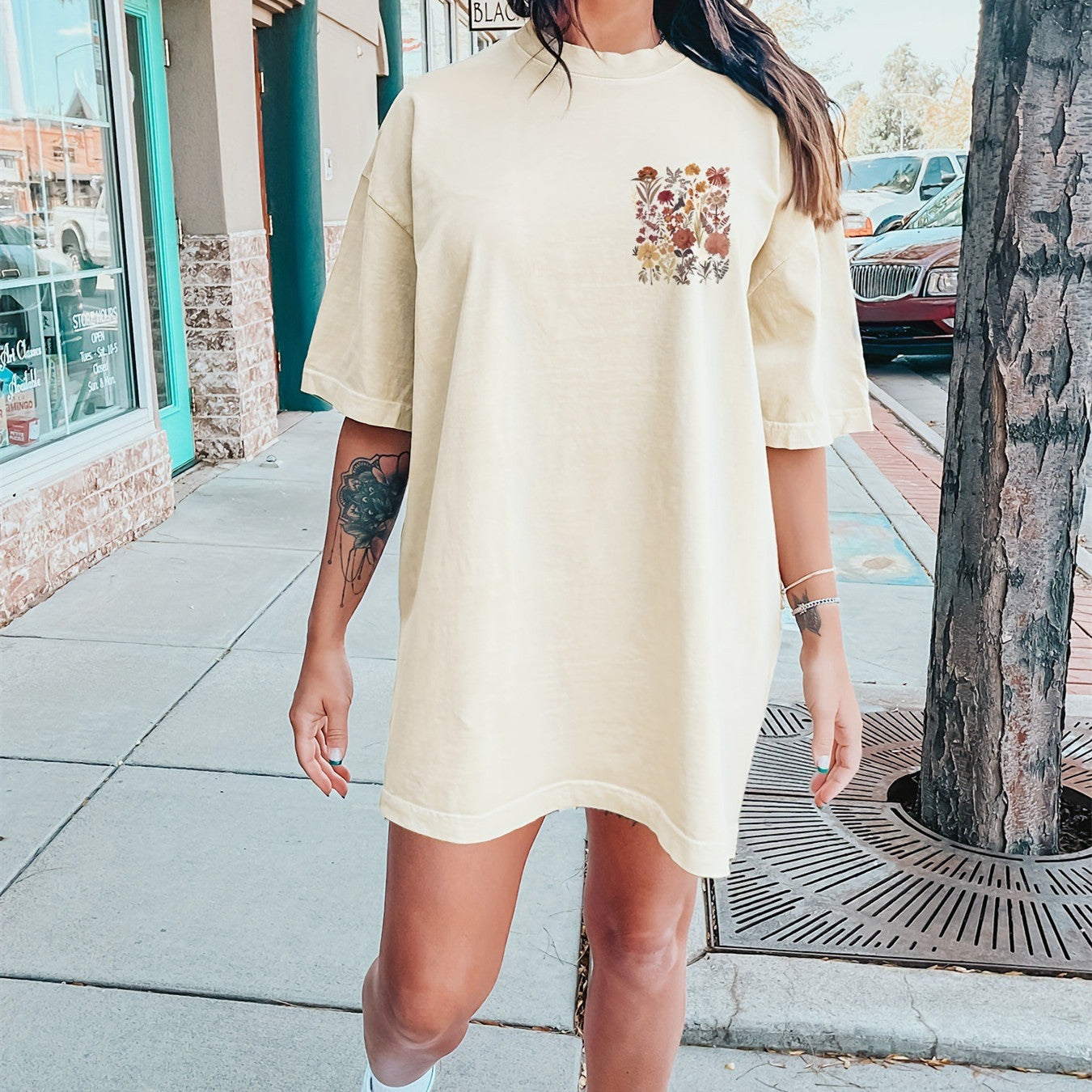 Floral Print Crew Neck Tee Dress Casual Short Sleeve Dress - The Number 1 Things