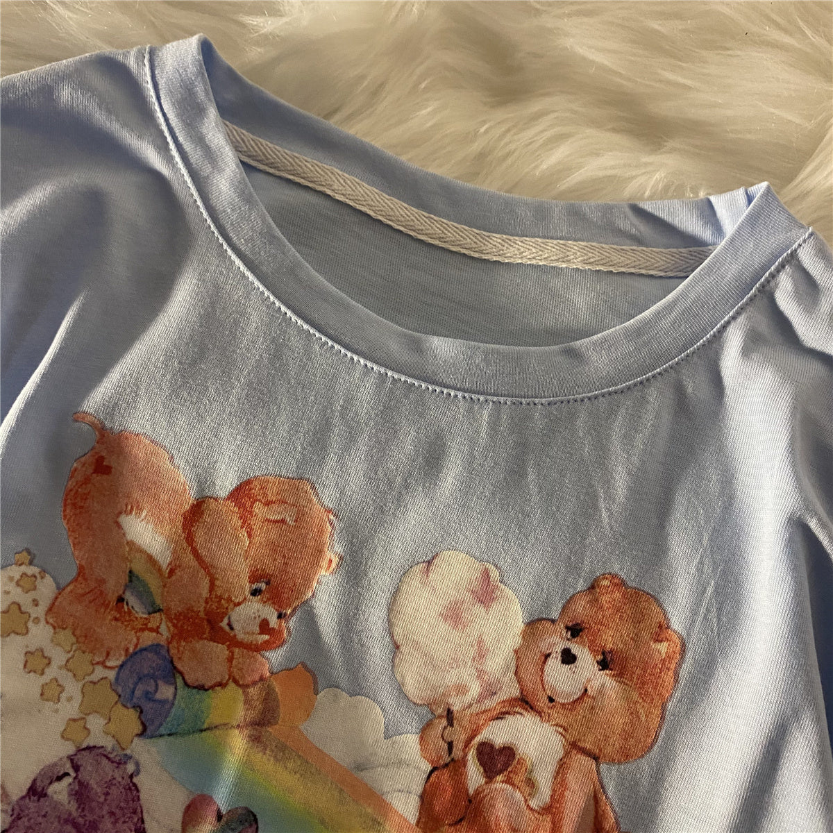 Vintage Girl Japanese Milk Blue Bear Short-sleeved T-shirt Tide Summer Loose Retro Ins Harajuku Style Compassionate Top