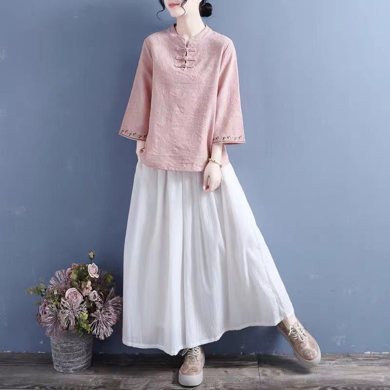 Artistic Cotton Linen Jacquard Embroidered Bell Sleeve Shirt - The Number 1 Things