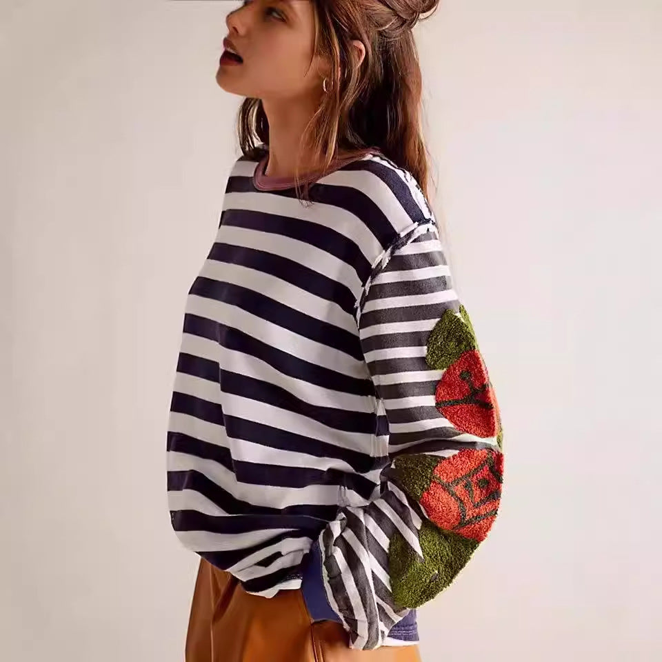 Women's Rose Thorn Towel Embroidery Sweater Striped Patchwork Sweater - The Number 1 Things