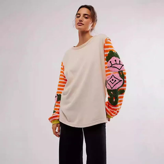 Women's Rose Thorn Towel Embroidery Sweater Striped Patchwork Sweater - The Number 1 Things