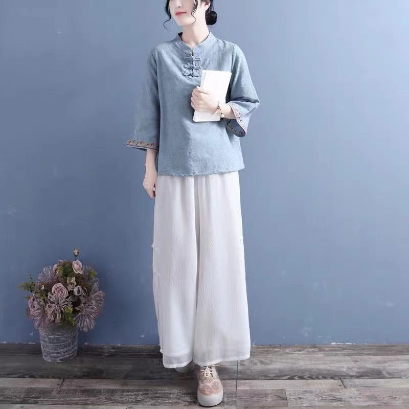 Artistic Cotton Linen Jacquard Embroidered Bell Sleeve Shirt - The Number 1 Things