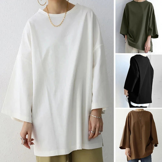 Women's Spring And Summer Solid Color Crew Neck Split Long Sleeve Loose Top - The Number 1 Things
