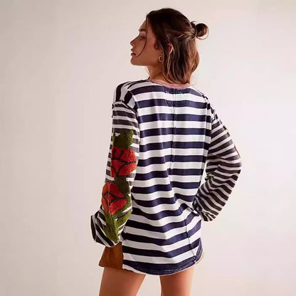 Women's Rose Thorn Towel Embroidery Sweater Striped Patchwork Sweater - The Number 1 Things