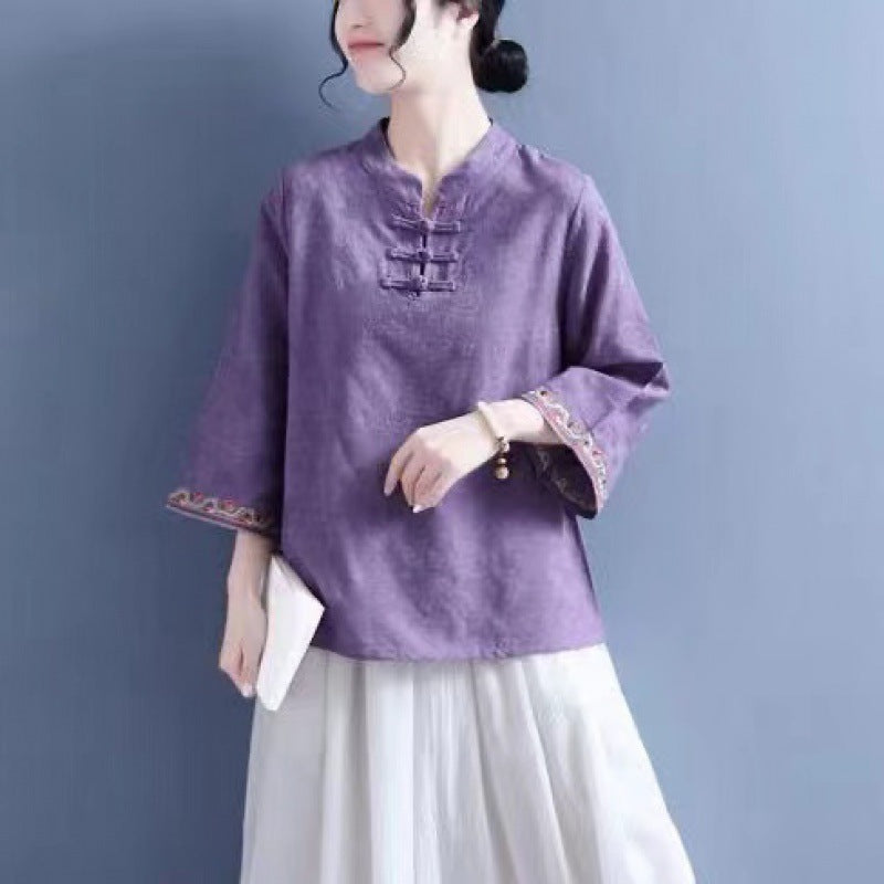 Artistic Cotton Linen Jacquard Embroidered Bell Sleeve Shirt - The Number 1 Things