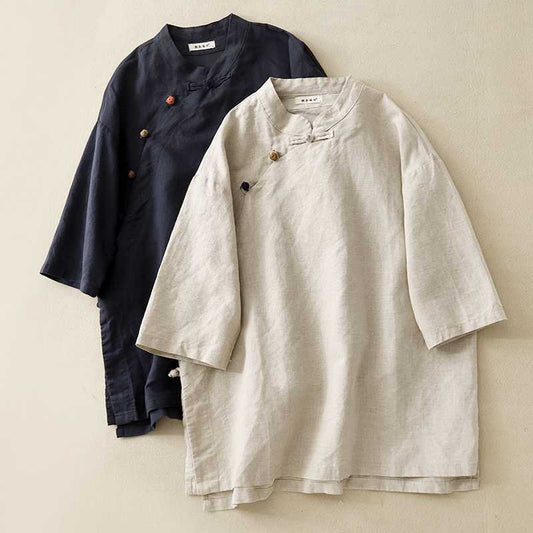 Cotton And Linen Retro Stand Collar Side Opening Short Sleeve Frog Buckle Top
