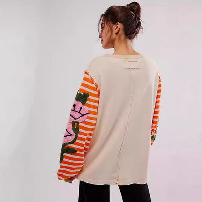 Women's Rose Thorn Towel Embroidery Sweater Striped Patchwork Sweater - The Number 1 Things
