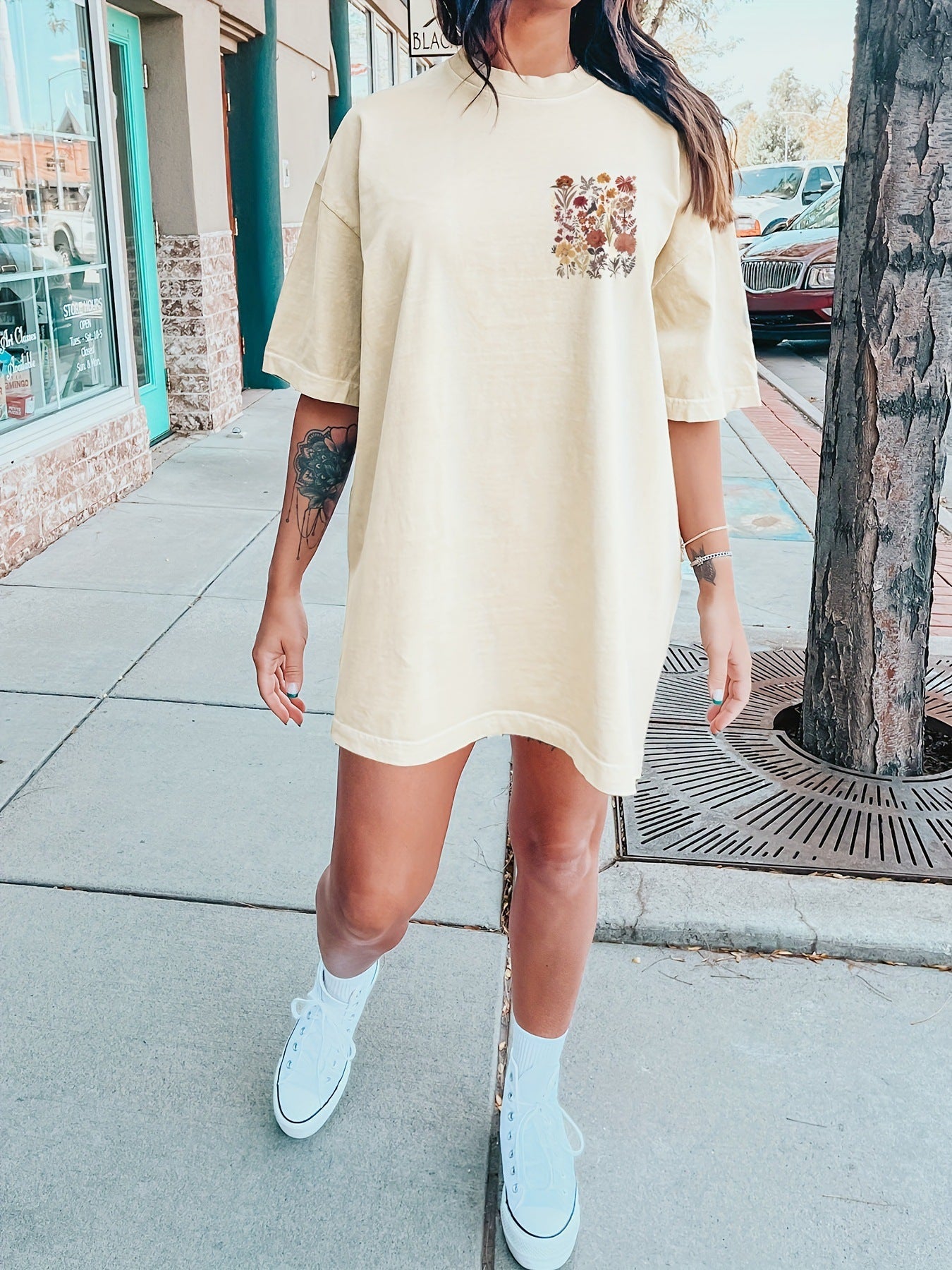 Floral Print Crew Neck Tee Dress Casual Short Sleeve Dress - The Number 1 Things