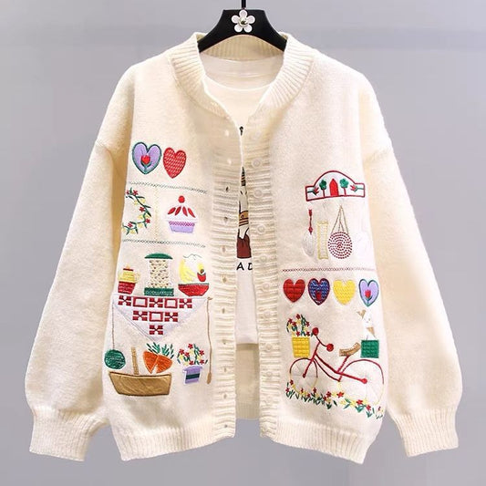 Cute Embroidered Cardigan Sweater Women's Autumn And Winter Knitting Cardigan