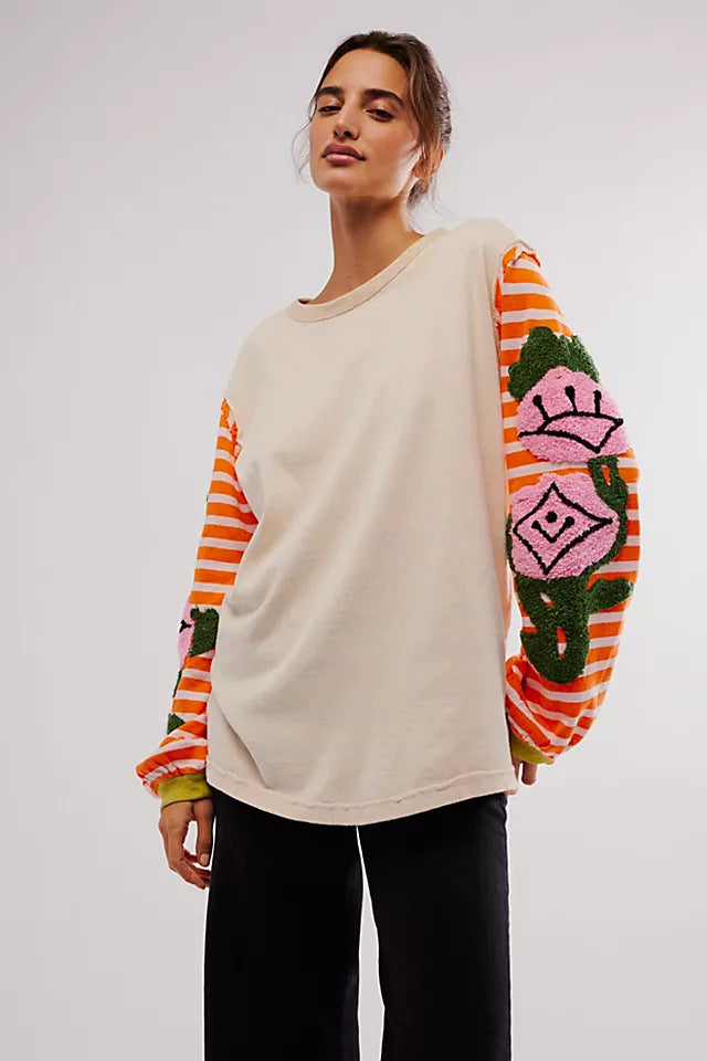 Women's Rose Thorn Towel Embroidery Sweater Striped Patchwork Sweater - The Number 1 Things