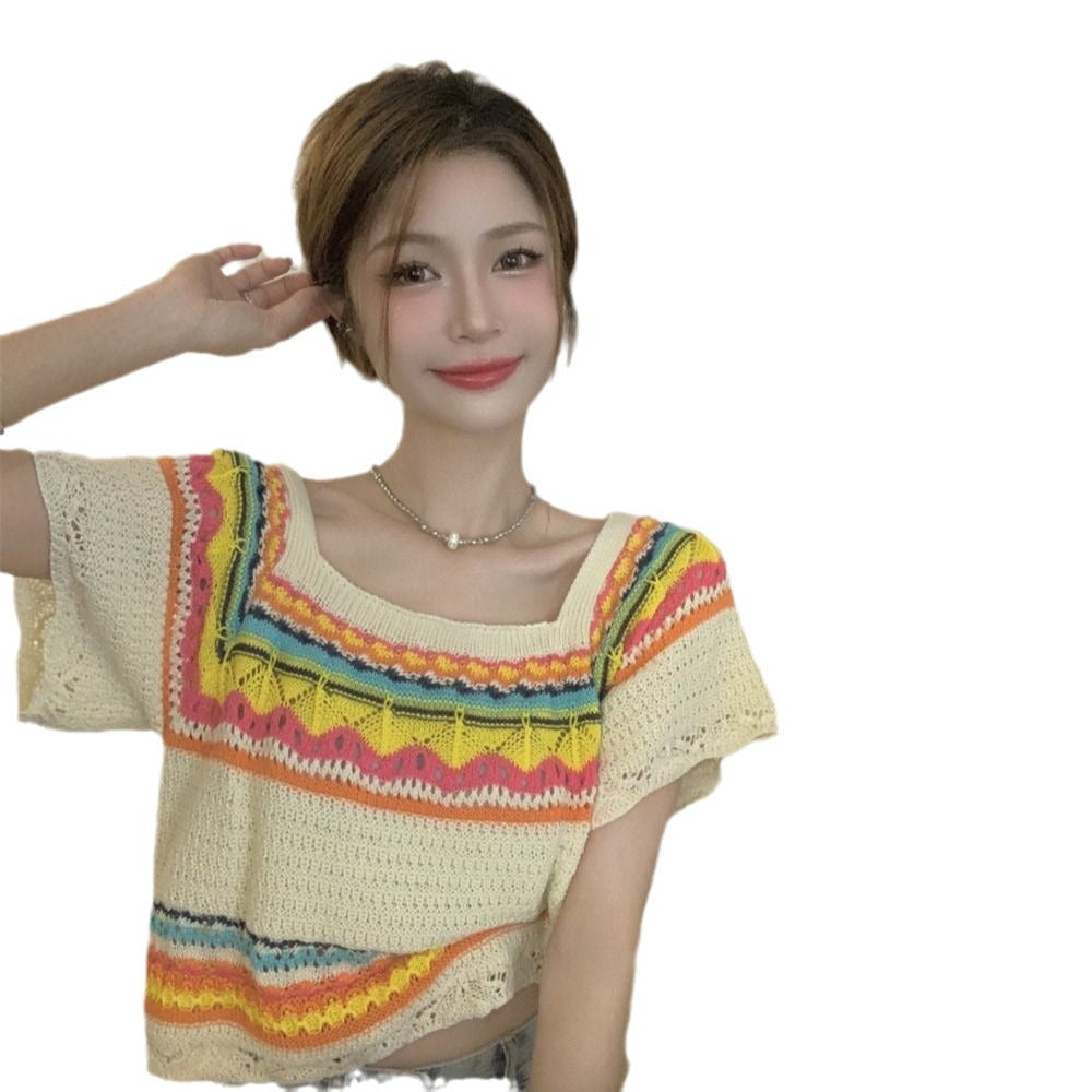 Summer Slim Chic Contrast Color Stripes Square Collar Short Sleeve - The Number 1 Things