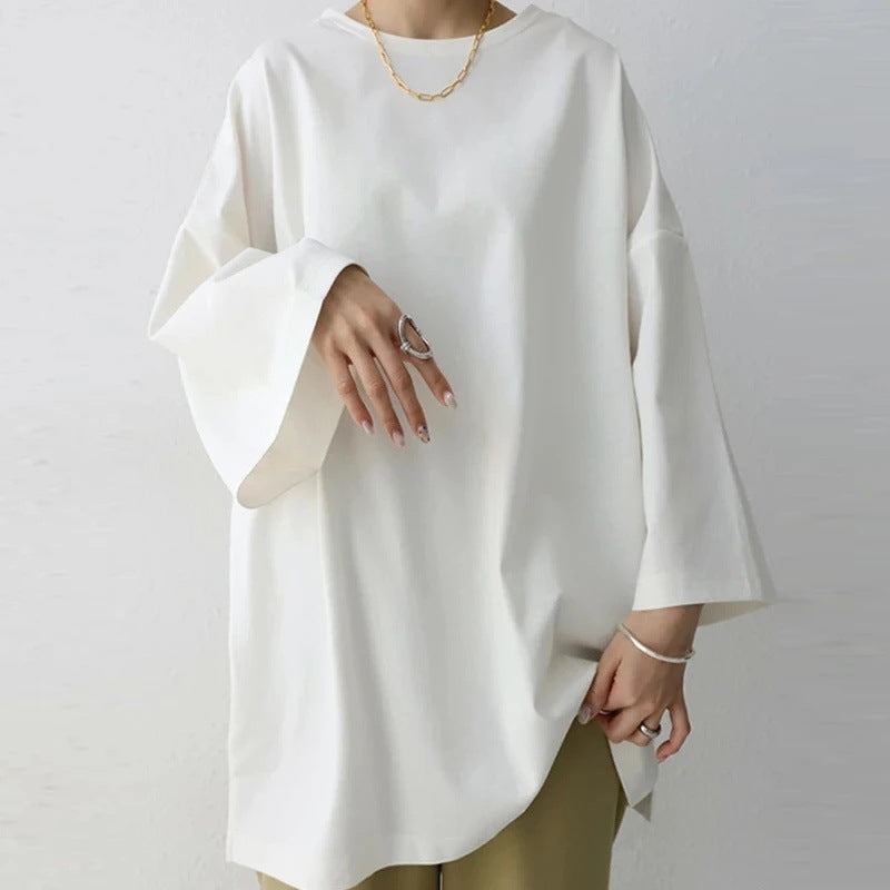 Women's Spring And Summer Solid Color Crew Neck Split Long Sleeve Loose Top - The Number 1 Things