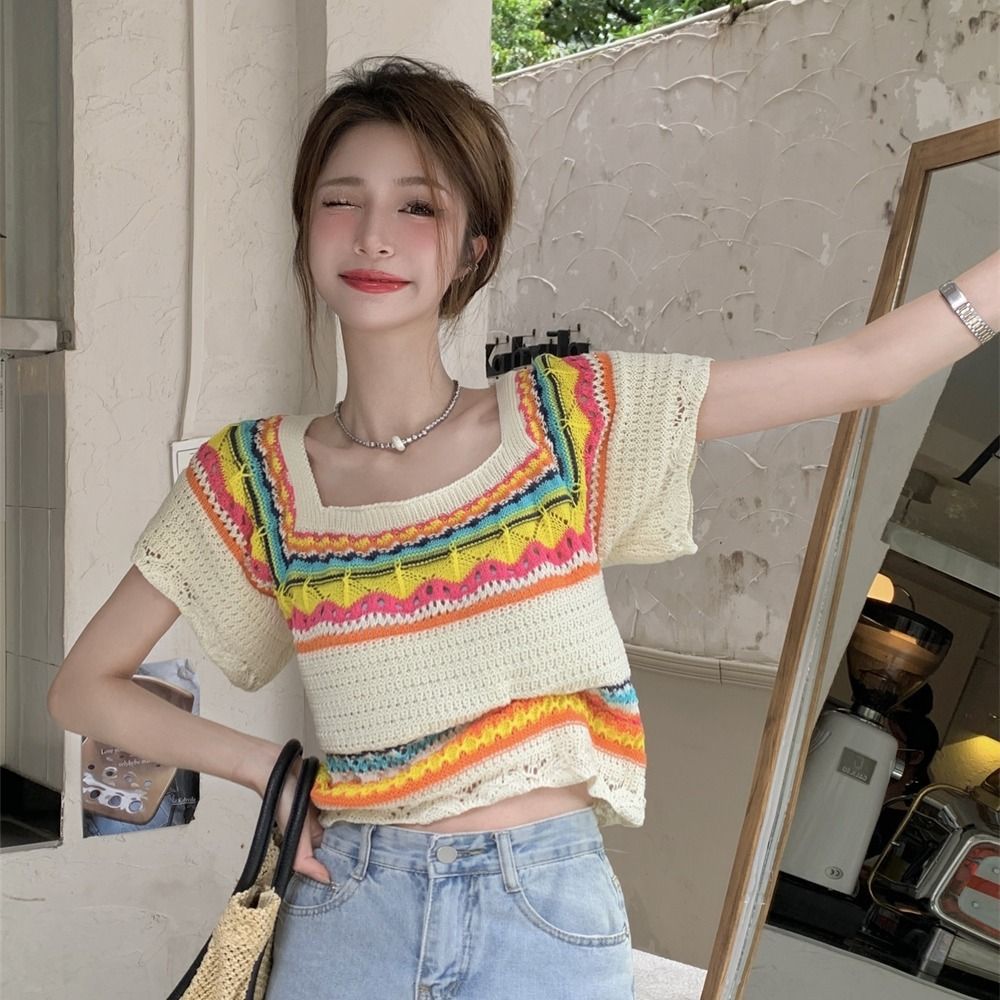 Summer Slim Chic Contrast Color Stripes Square Collar Short Sleeve - The Number 1 Things