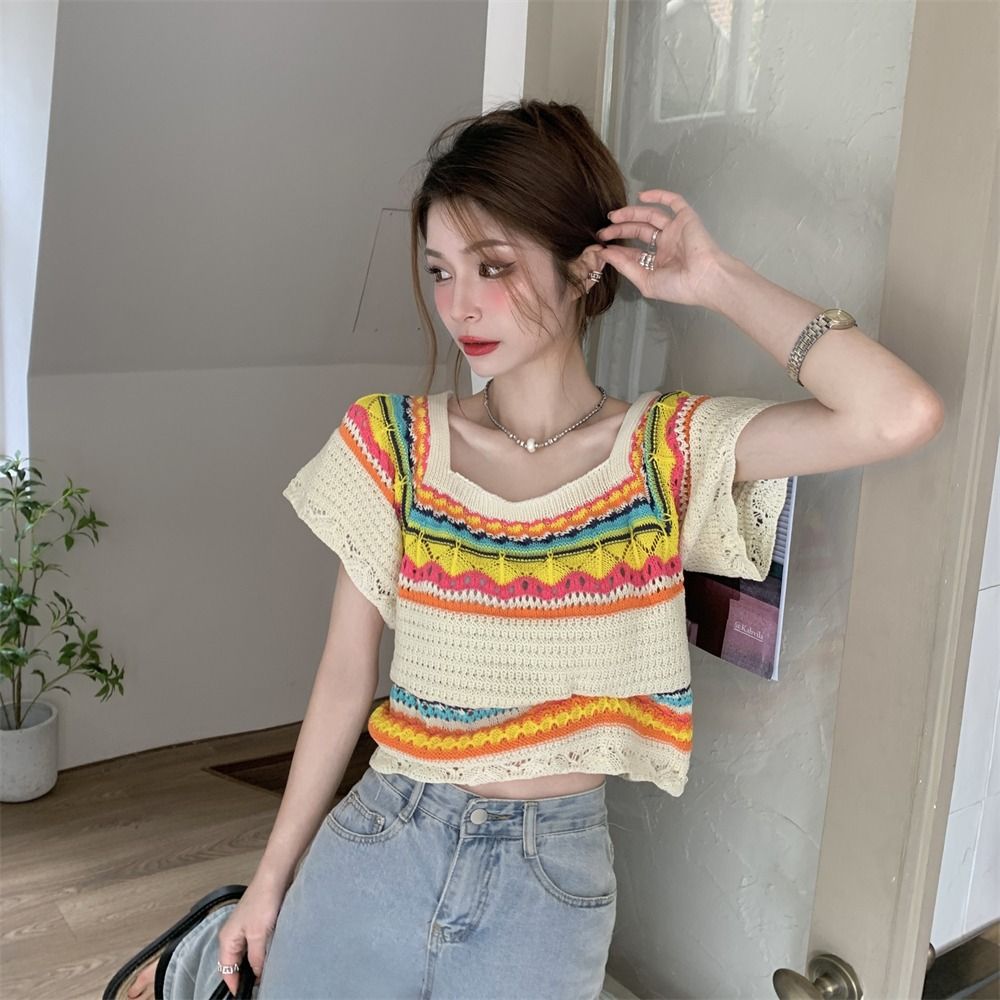Summer Slim Chic Contrast Color Stripes Square Collar Short Sleeve - The Number 1 Things