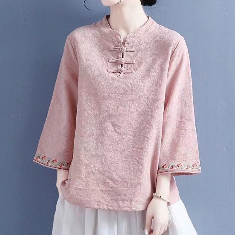 Artistic Cotton Linen Jacquard Embroidered Bell Sleeve Shirt - The Number 1 Things
