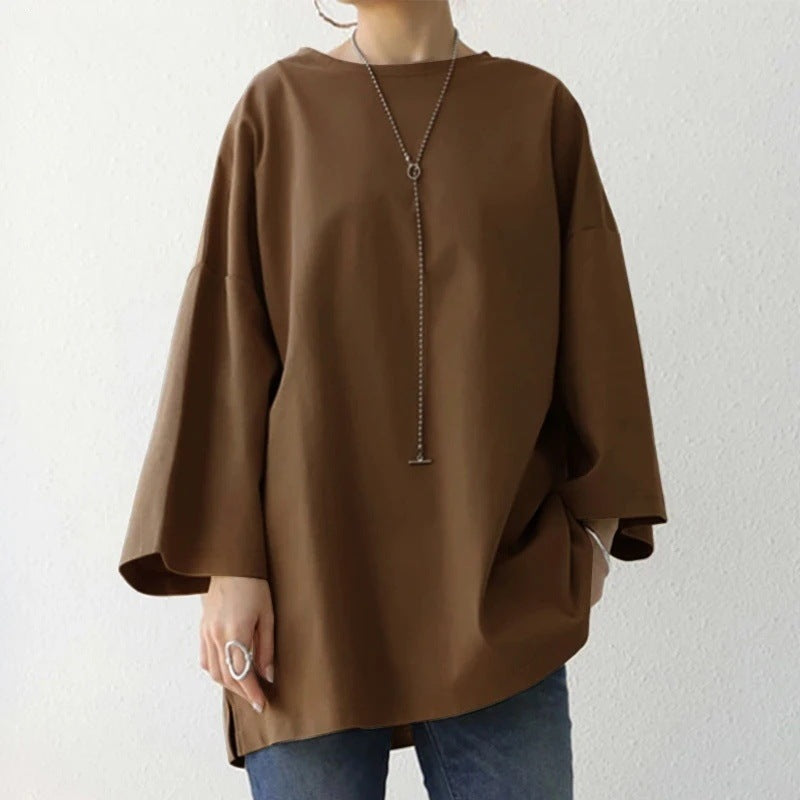 Women's Spring And Summer Solid Color Crew Neck Split Long Sleeve Loose Top - The Number 1 Things