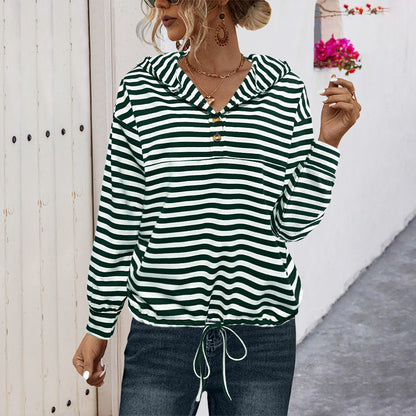 Button Striped Hooded Sweater For Women - The Number 1 Things