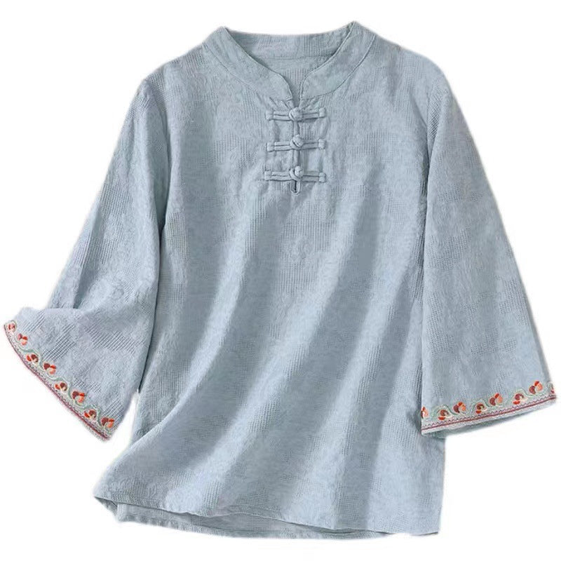 Artistic Cotton Linen Jacquard Embroidered Bell Sleeve Shirt - The Number 1 Things
