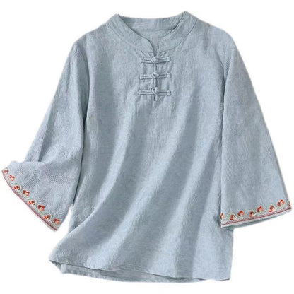 Artistic Cotton Linen Jacquard Embroidered Bell Sleeve Shirt - The Number 1 Things