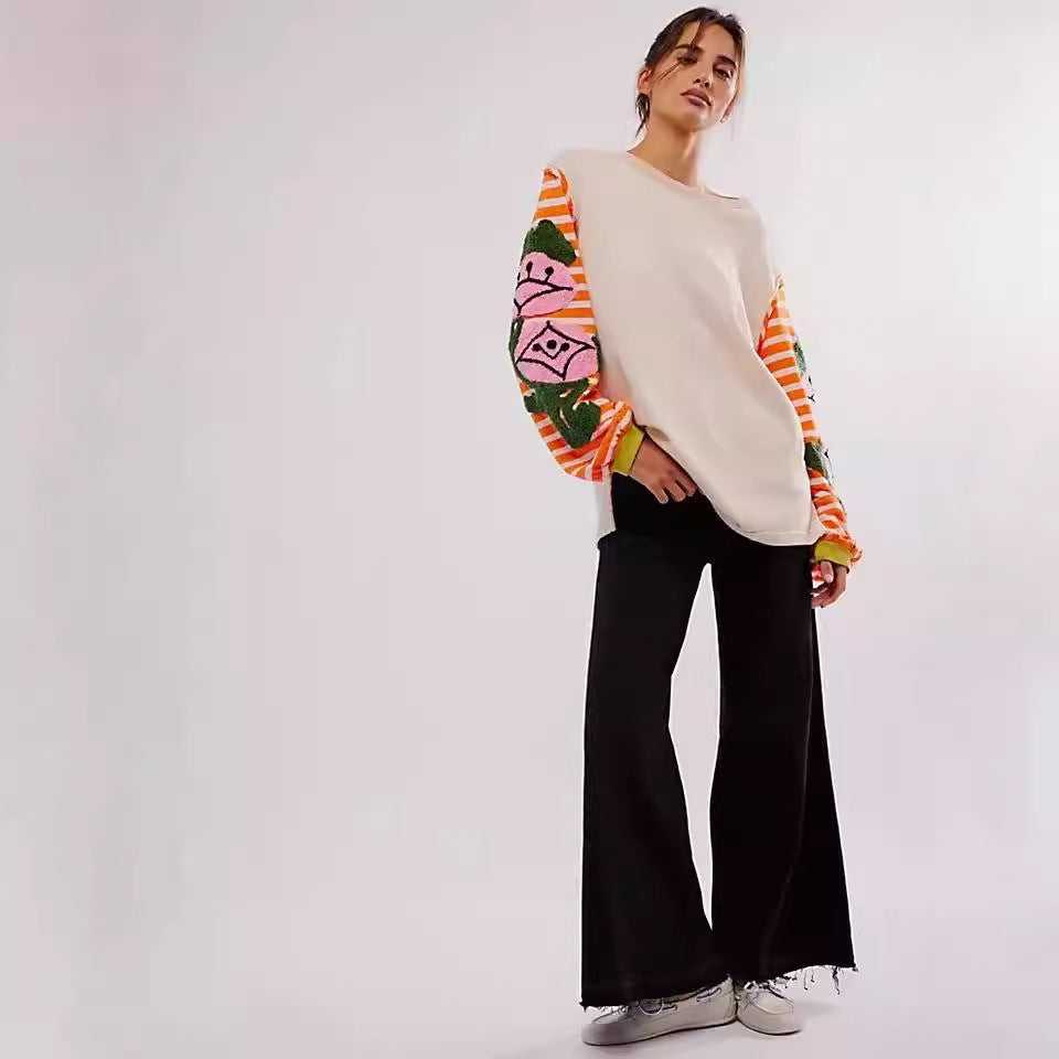 Women's Rose Thorn Towel Embroidery Sweater Striped Patchwork Sweater - The Number 1 Things