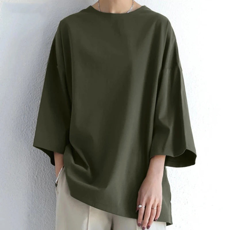 Women's Spring And Summer Solid Color Crew Neck Split Long Sleeve Loose Top - The Number 1 Things