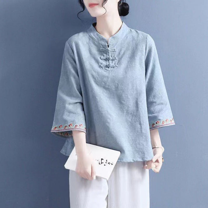 Artistic Cotton Linen Jacquard Embroidered Bell Sleeve Shirt - The Number 1 Things