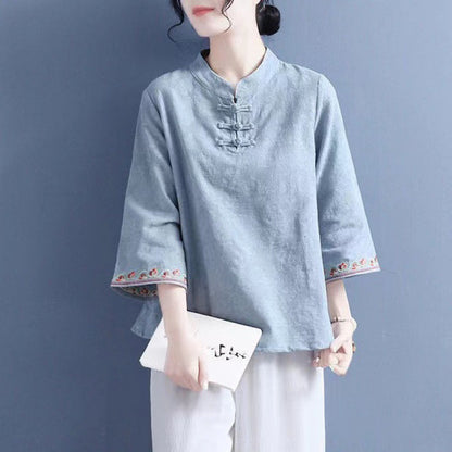 Artistic Cotton Linen Jacquard Embroidered Bell Sleeve Shirt - The Number 1 Things