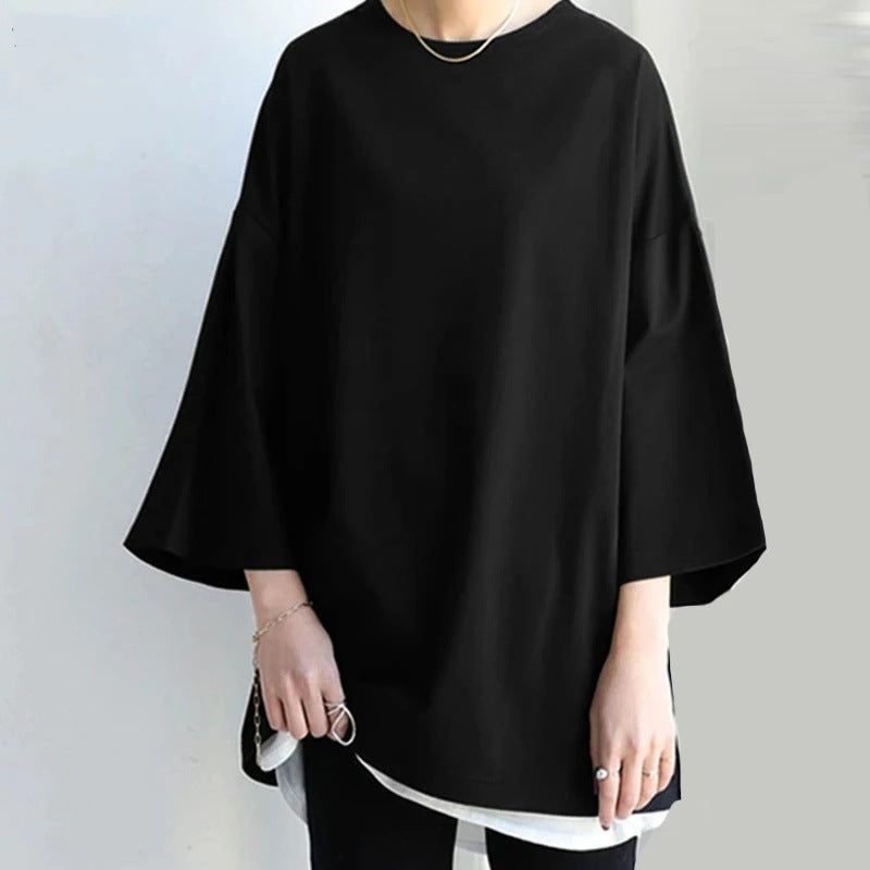 Women's Spring And Summer Solid Color Crew Neck Split Long Sleeve Loose Top - The Number 1 Things