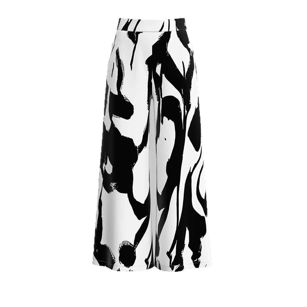 Women's High Waist Black And White Printed Fashionable Wide Leg Pants