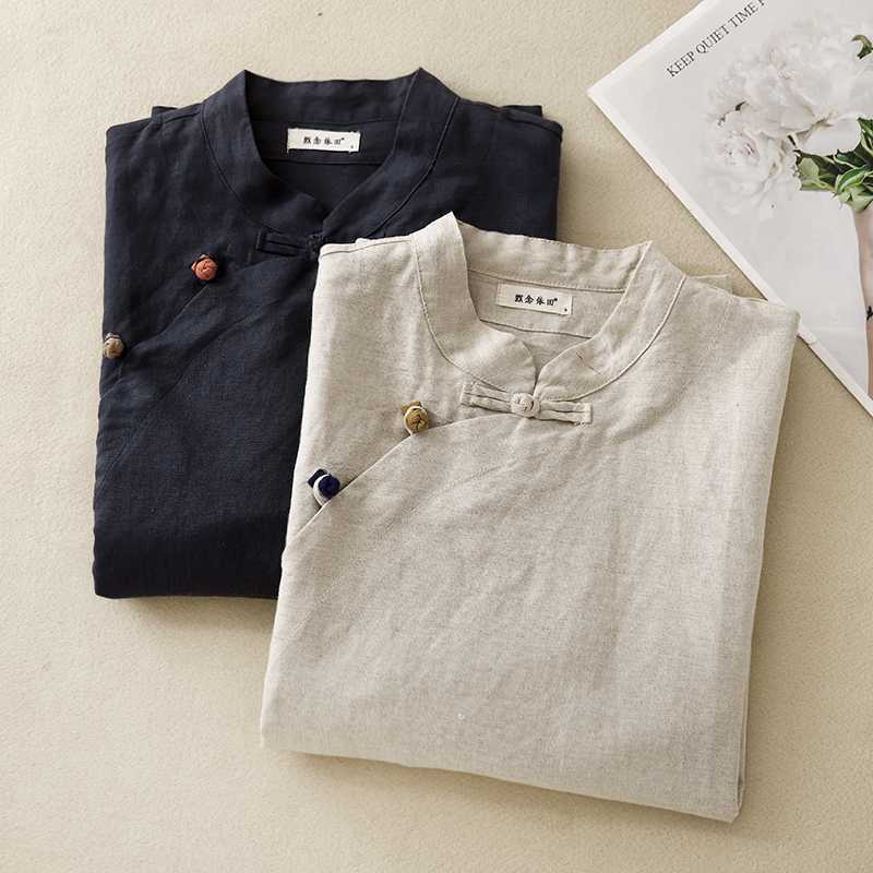 Cotton And Linen Retro Stand Collar Side Opening Short Sleeve Frog Buckle Top