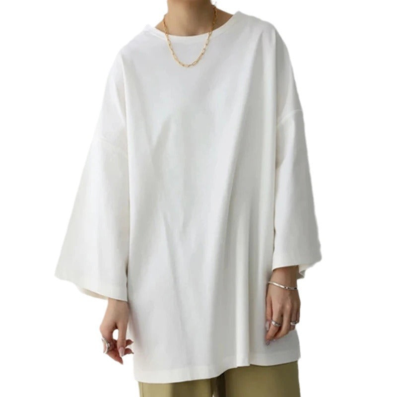 Women's Spring And Summer Solid Color Crew Neck Split Long Sleeve Loose Top - The Number 1 Things