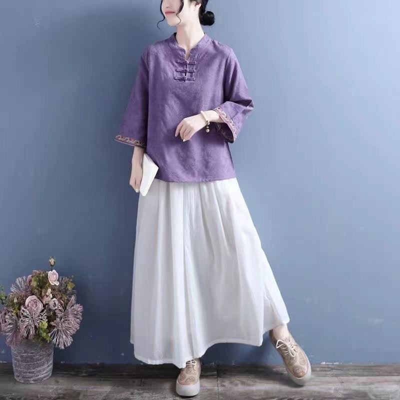 Artistic Cotton Linen Jacquard Embroidered Bell Sleeve Shirt - The Number 1 Things