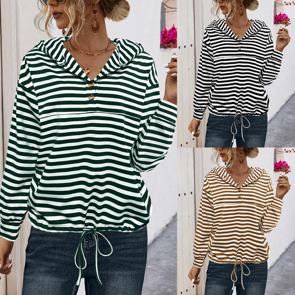 Button Striped Hooded Sweater For Women - The Number 1 Things