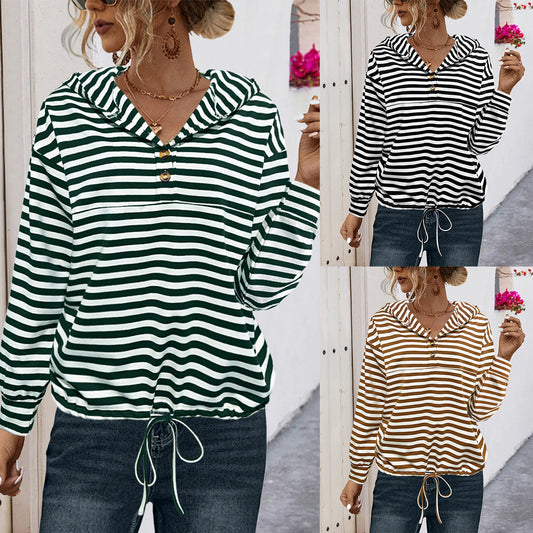 Button Striped Hooded Sweater For Women - The Number 1 Things