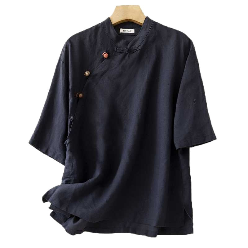 Cotton And Linen Retro Stand Collar Side Opening Short Sleeve Frog Buckle Top