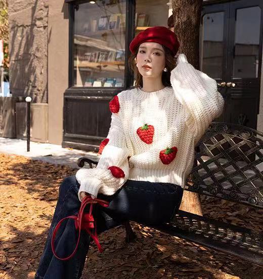 Women's Loose Strawberry Crocheted Knitted Pullover Sweater Top - The Number 1 Things