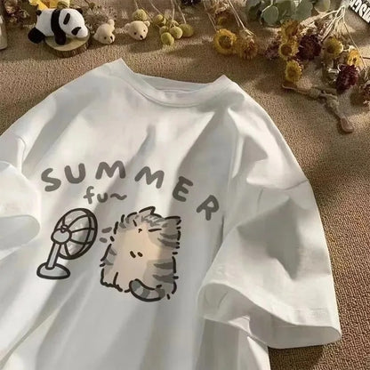 Summer Fan Cat And Women Pure Cotton T-Shirt For Me